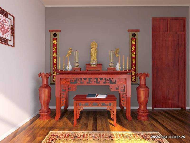 Model bộ bàn thờ gia tiên đầy đủ: bàn, ghế, hương án, câu đối, lục bình 